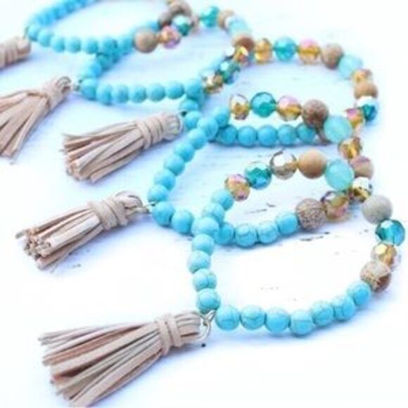 Twilight Gypsy Collective Beaded turquoise stretch bracelet Boho chic tassels - Picture 2 of 4